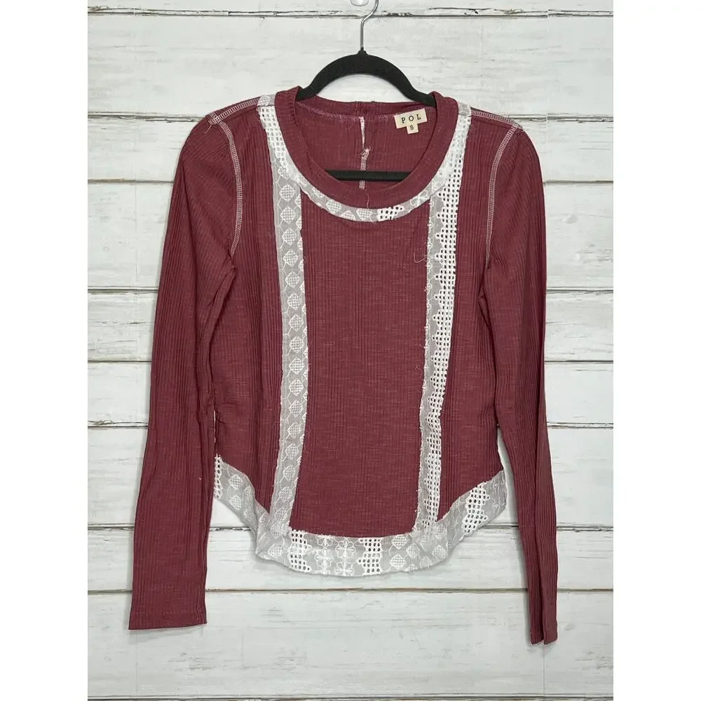 POL Long Sleeve Top Small Mauve Pink Ribbed Lace Trim Contrast Boho Cottagecore